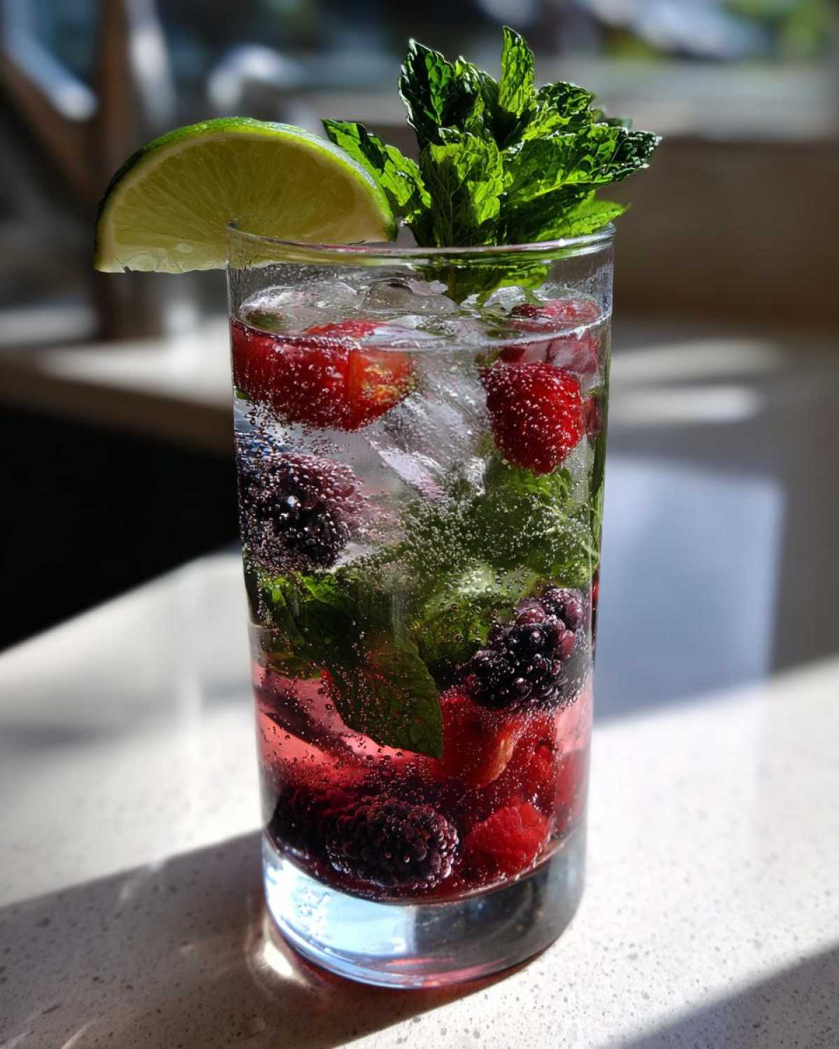 A tall glass filled with a Merry Mint Berry Mocktail, featuring fresh raspberries, blackberries, mint leaves, ice, and a lime wedge.