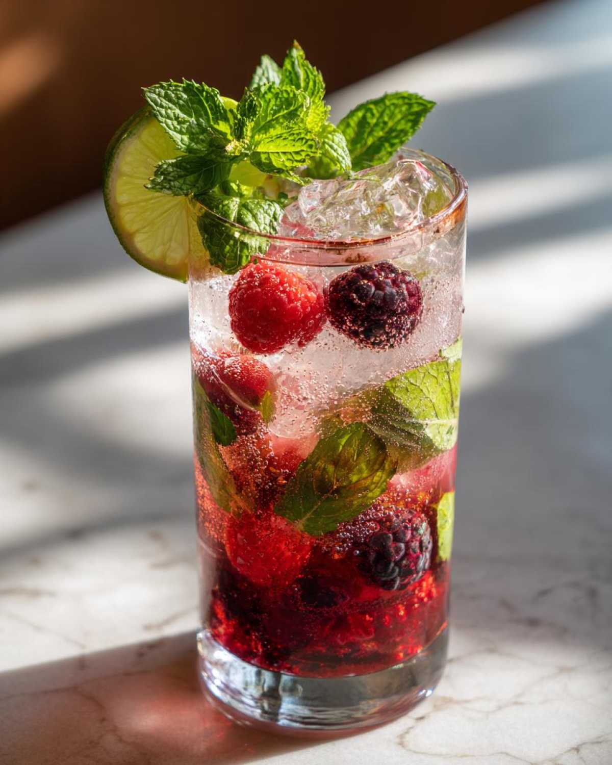 A refreshing Merry Mint Berry Mocktail in a tall glass, filled with ice, fresh raspberries, blackberries, mint leaves, and a lime wedge.