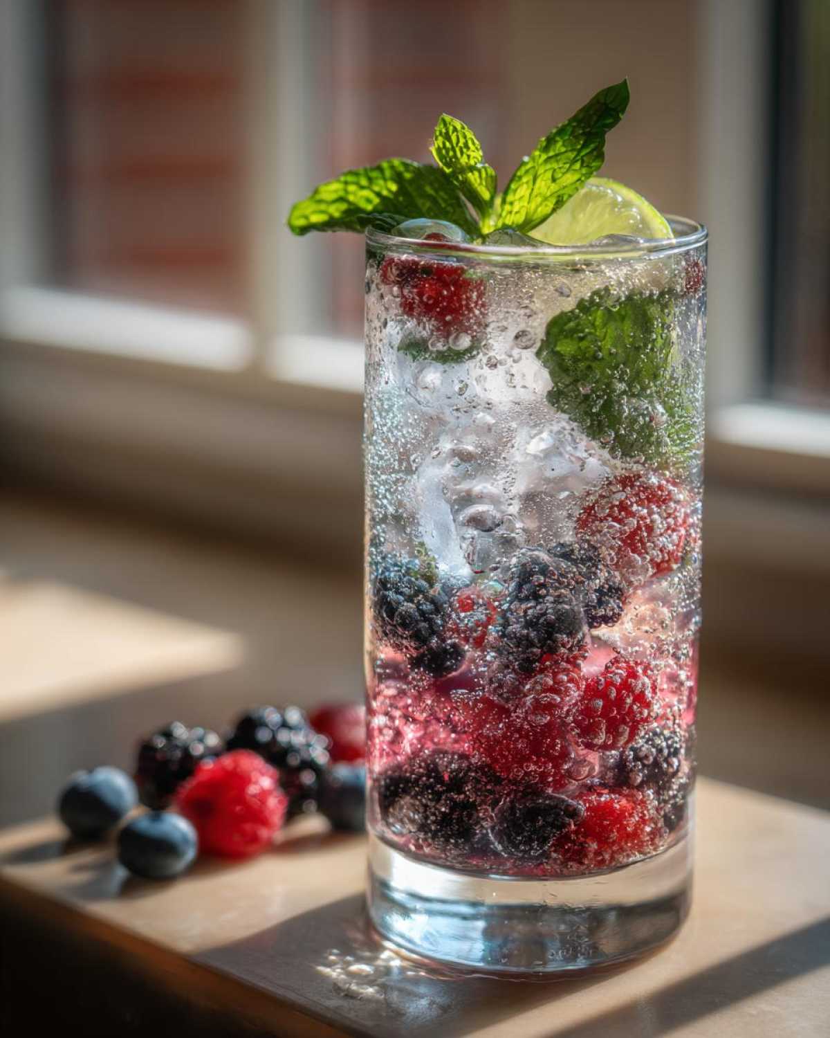 A tall glass filled with a mint berry mocktail, ice, fresh raspberries, blackberries, blueberries, mint leaves, and a lime slice.