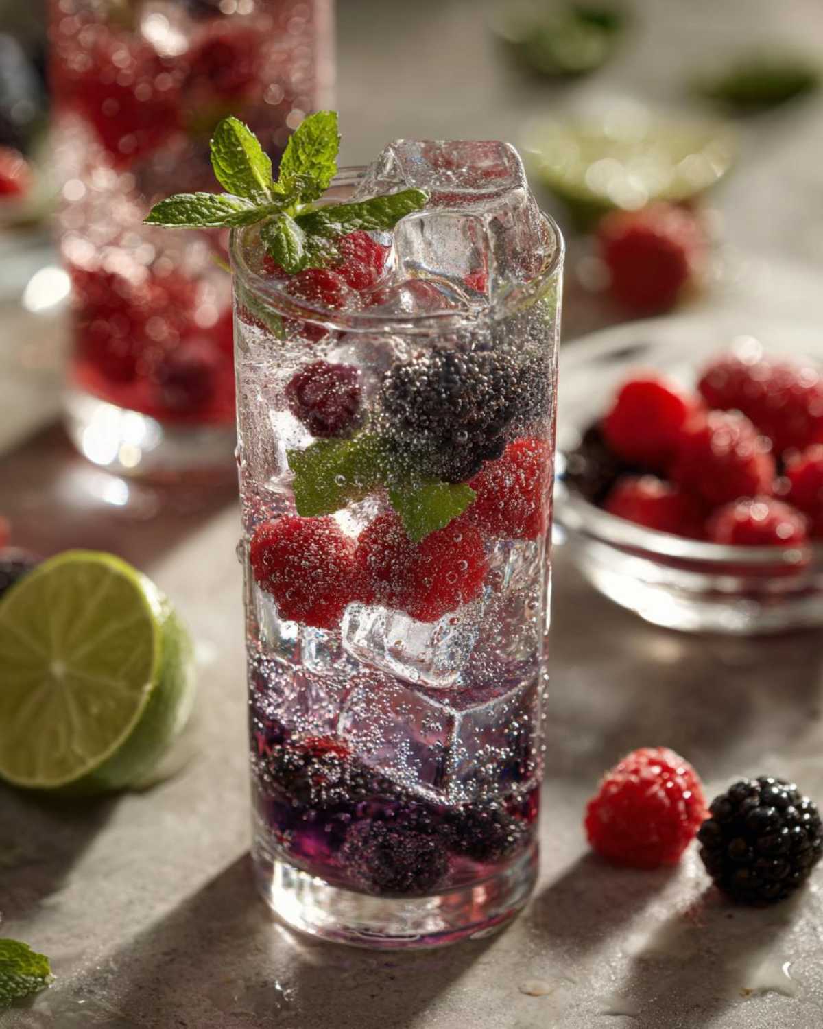A tall glass filled with ice, sparkling water, raspberries, blackberries, and mint leaves. A refreshing mint berry mocktail.