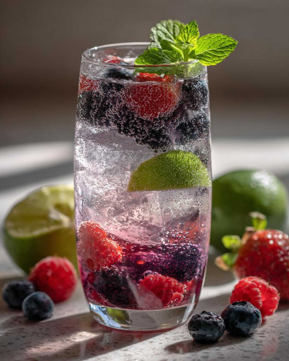 A tall glass filled with a sparkling mint berry mocktail, packed with fresh strawberries, blueberries, blackberries, and lime, garnished with mint leaves.