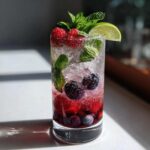 A tall glass filled with ice, fresh raspberries, blackberries, blueberries, mint leaves, and a lime wedge, showcasing a vibrant Mint Berry Mocktail.