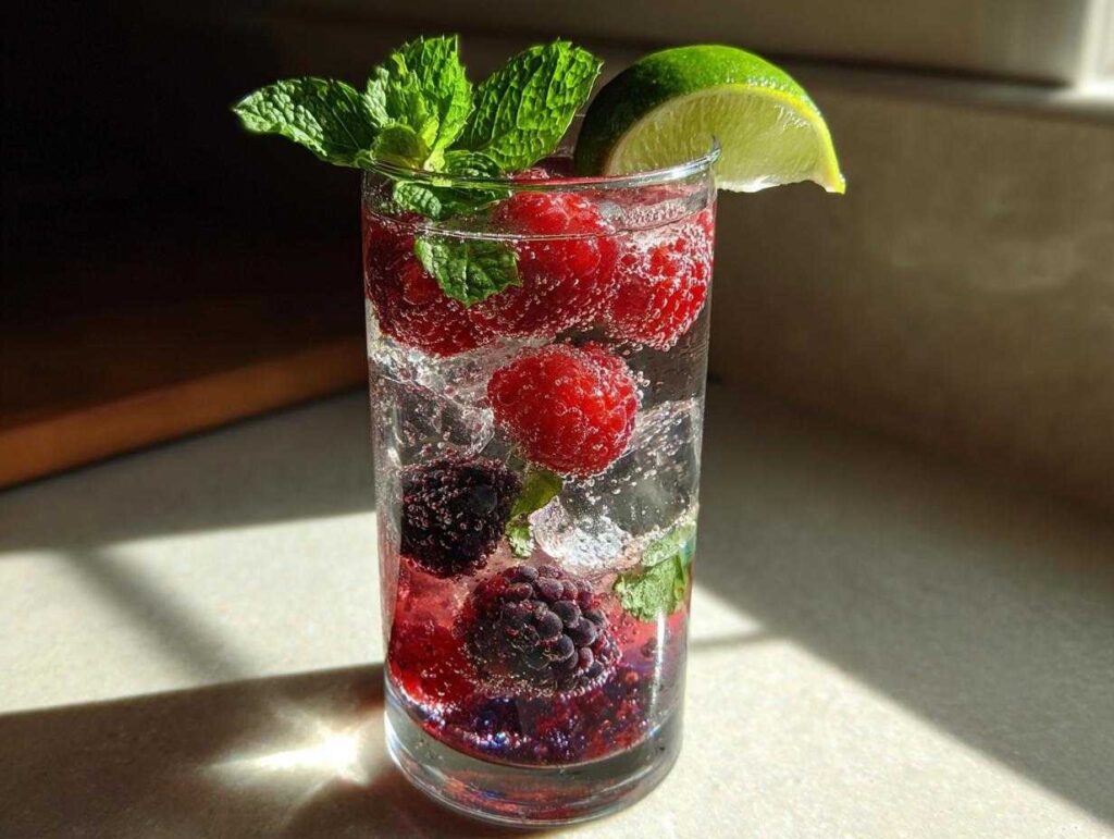 A tall glass filled with a refreshing mint berry mocktail, featuring raspberries, blackberries, mint leaves, and a lime wedge.