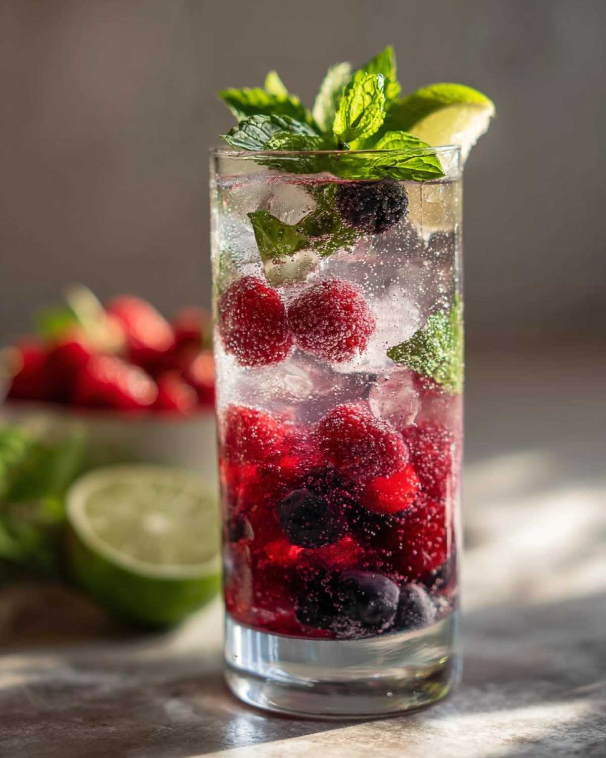 A tall glass filled with a refreshing mint berry mocktail, featuring raspberries, blueberries, mint leaves, ice, and a lime wedge.
