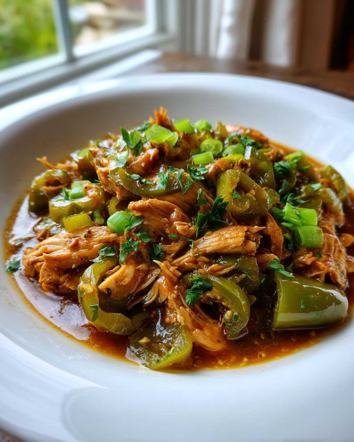 A close-up of a bowl of Mississippi chicken, shredded and coated in a savory sauce with sliced green peppers and chopped scallions.
