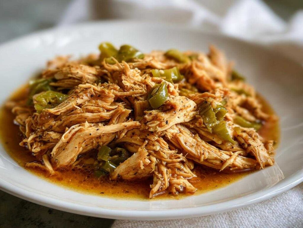 A close-up of shredded Mississippi chicken mixed with green peppers and savory sauce on a white plate.