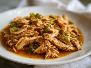 A close-up of shredded Mississippi chicken mixed with green peppers and savory sauce on a white plate.