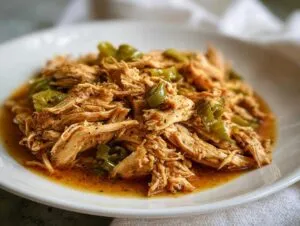 A close-up of shredded Mississippi chicken mixed with green peppers and savory sauce on a white plate.