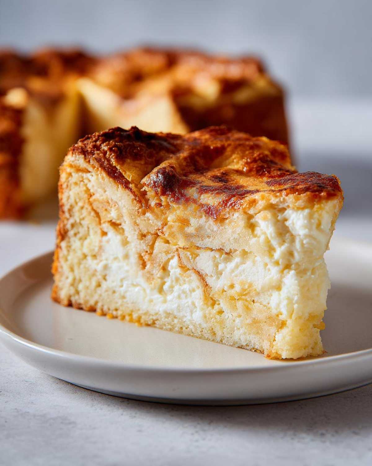 A close-up of a slice of Neiman Marcus cake on a plate, showcasing its creamy filling and golden crust.