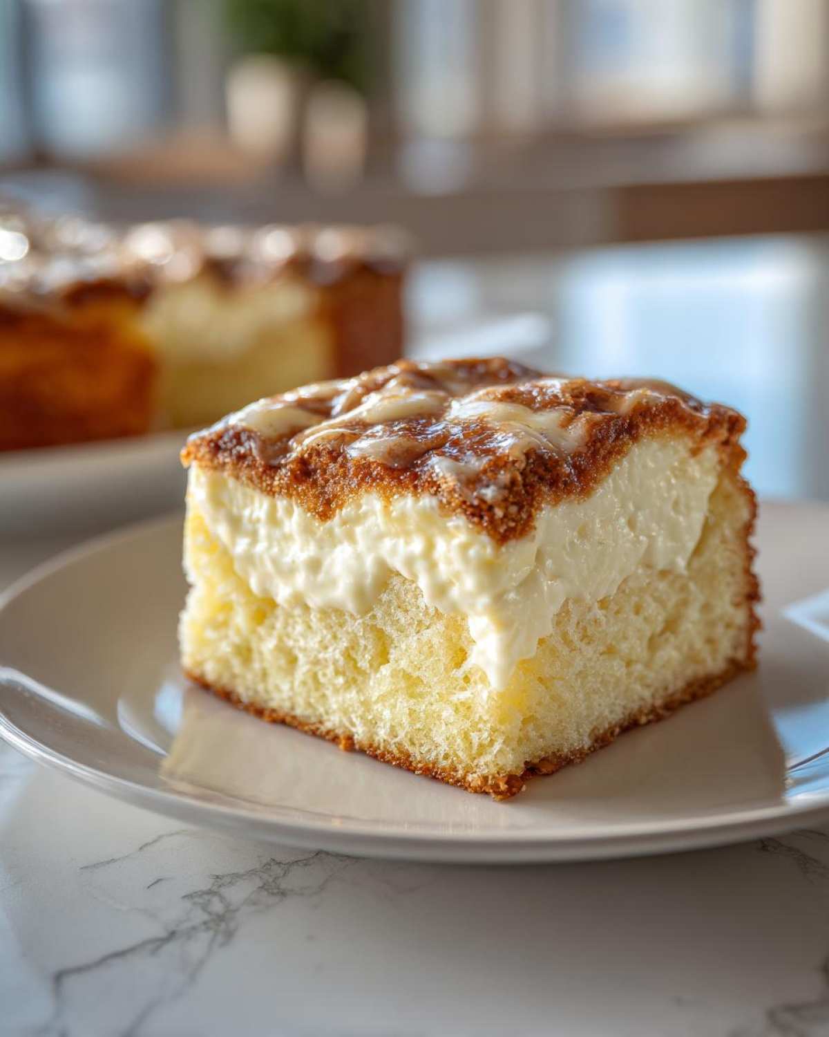 A delicious slice of Neiman Marcus cake with a thick, creamy filling and a gooey, caramelized topping.