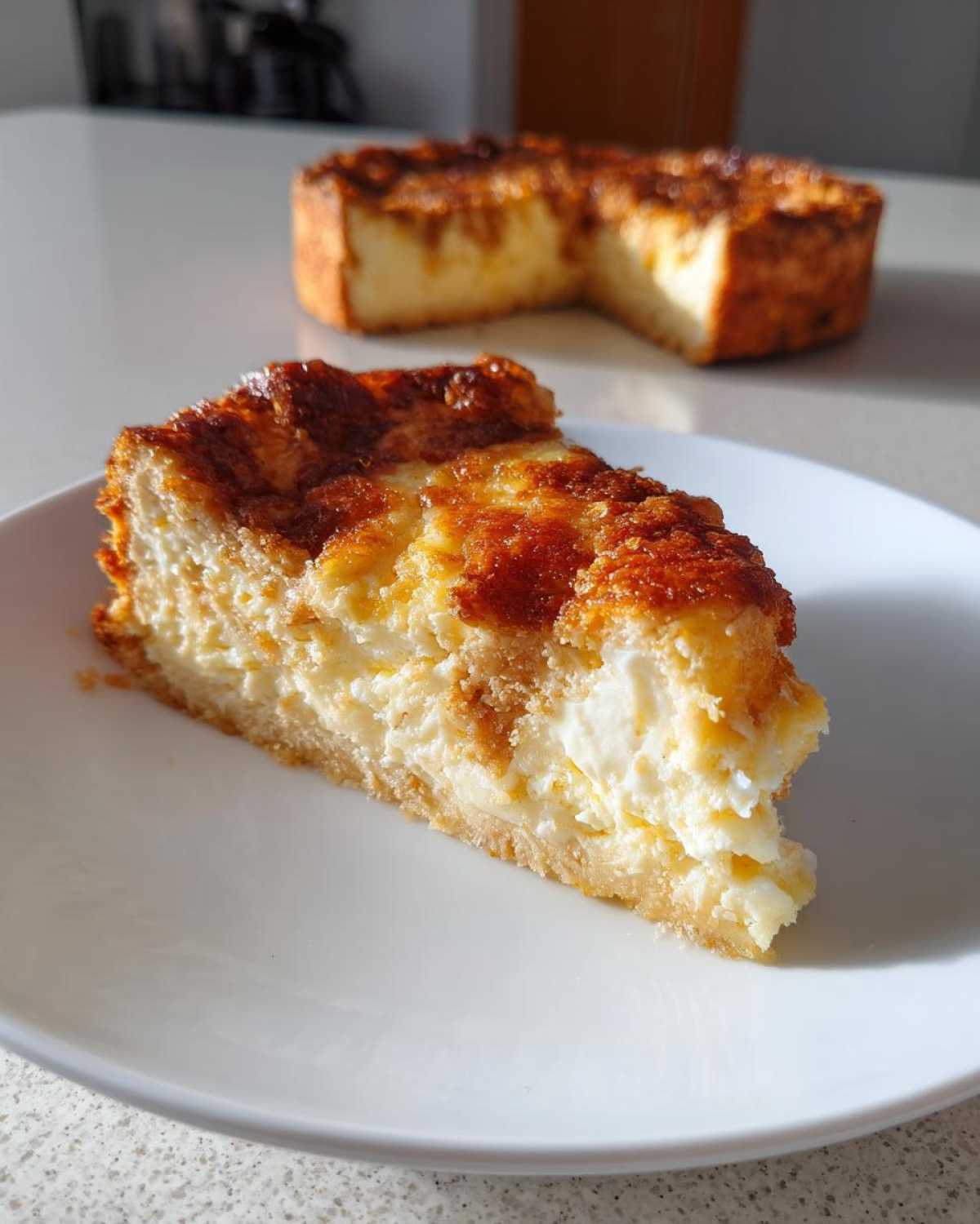 A close-up of a slice of Neiman Marcus cake on a white plate, showcasing its gooey filling and caramelized top.