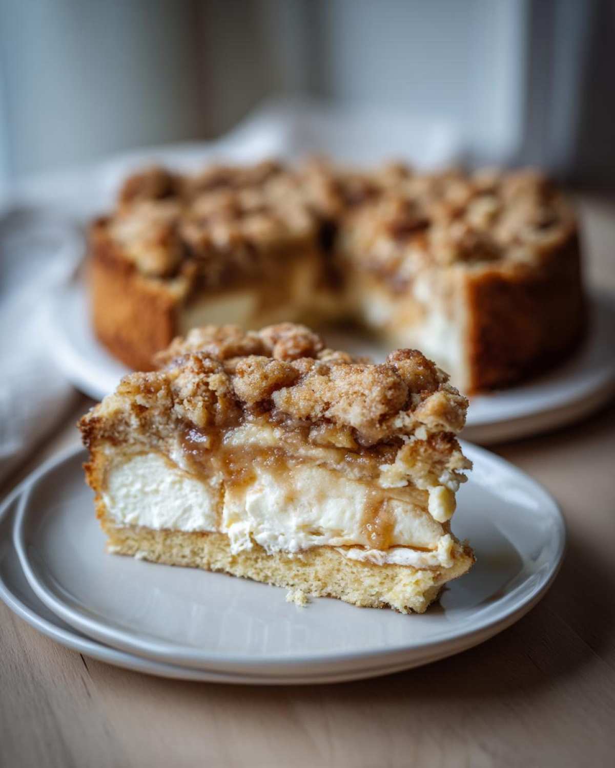 A close-up of a slice of Neiman Marcus cake, showcasing layers of creamy filling and crumb topping.