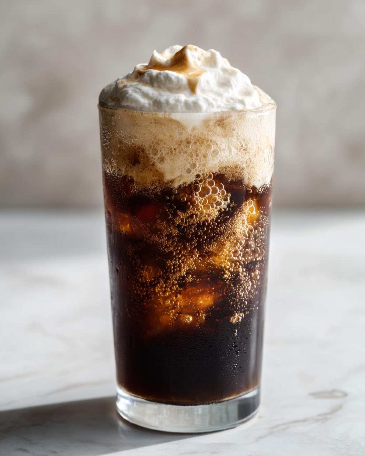 A tall glass of New Orleans iced coffee topped with whipped cream and a drizzle of caramel.