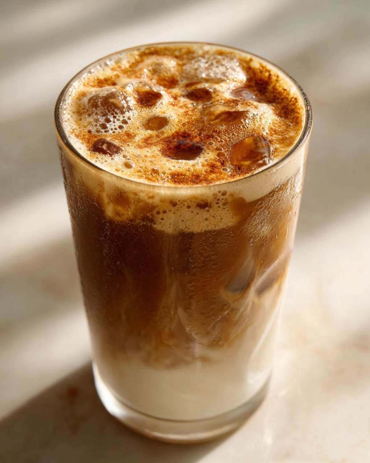 Close-up of a tall glass filled with New Orleans iced coffee, showing layers of cream, ice, and frothy coffee with a caramelized topping.