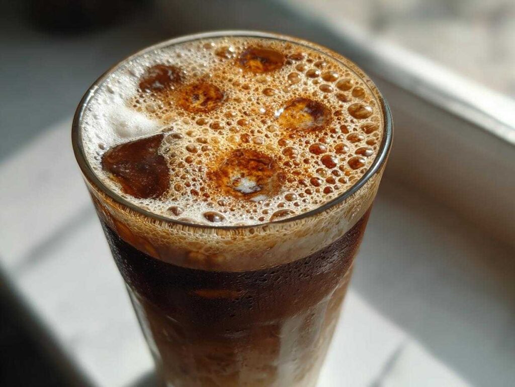 Close-up of a tall glass filled with New Orleans iced coffee, complete with ice cubes and a frothy, bubbly top.