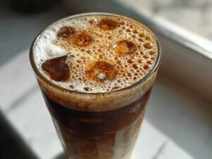 Close-up of a tall glass filled with New Orleans iced coffee, complete with ice cubes and a frothy, bubbly top.