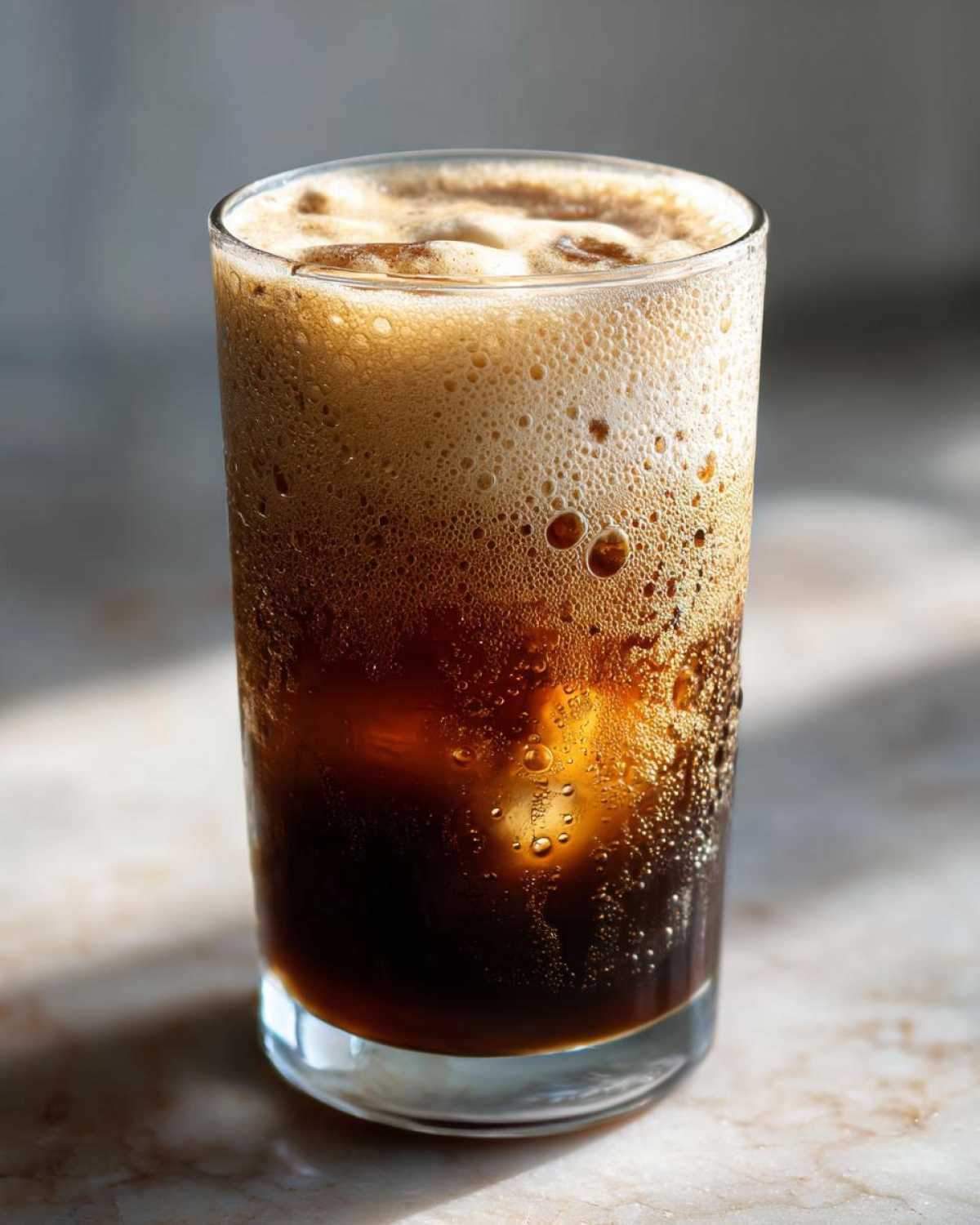 A tall glass filled with New Orleans iced coffee, ice cubes, and a thick layer of foamy head.
