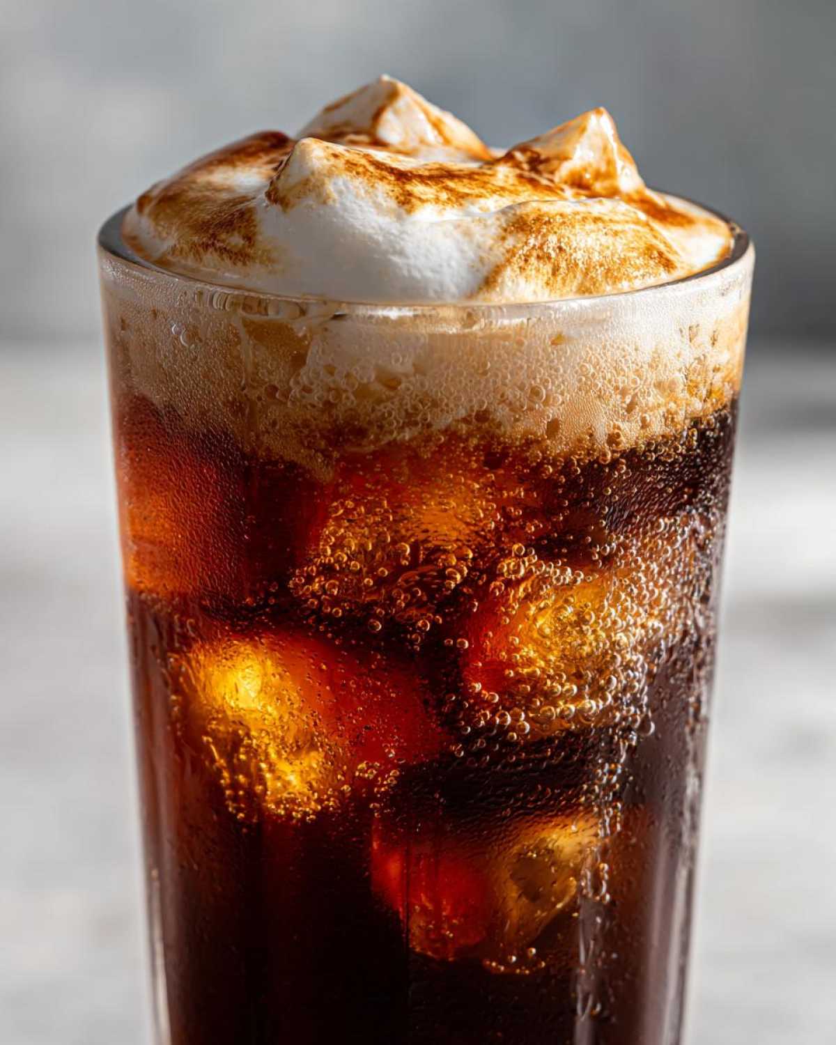 Close-up of a glass of New Orleans iced coffee topped with toasted marshmallow and foam.