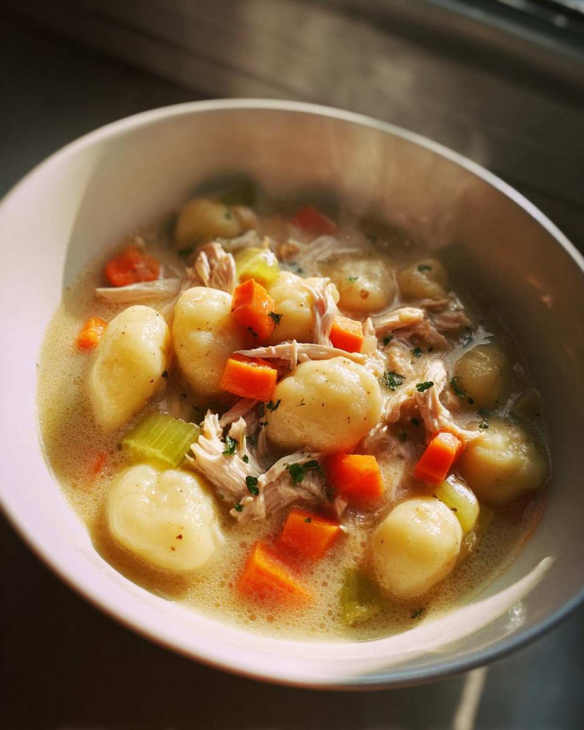A close-up bowl of creamy Olive Garden Chicken Gnocchi Soup with tender chicken, soft gnocchi, carrots, and celery.