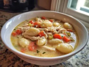 A close-up of a white bowl filled with creamy Olive Garden Chicken Gnocchi Soup, featuring tender chicken, soft gnocchi, and diced carrots.