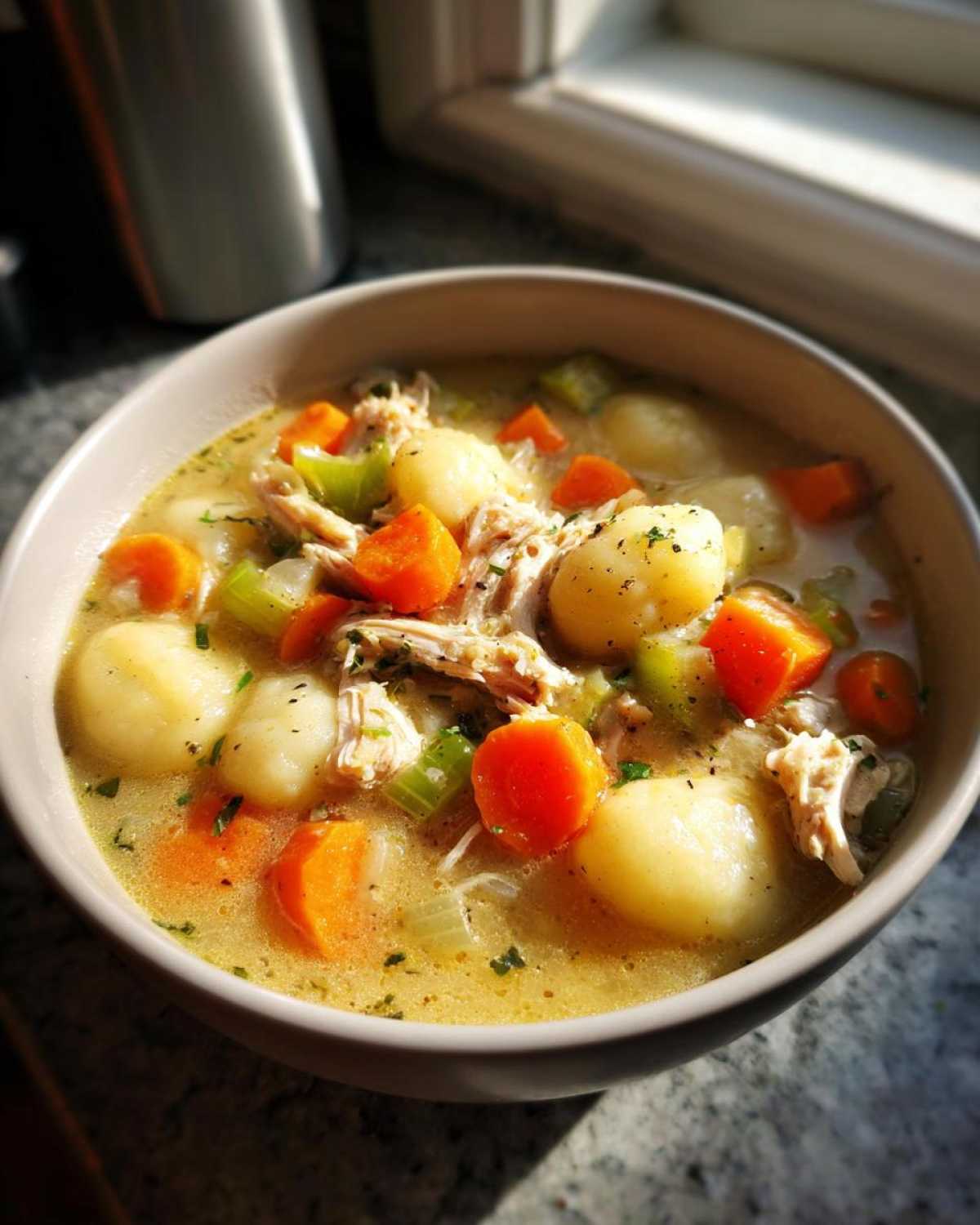 A close-up of a bowl of creamy Olive Garden Chicken Gnocchi Soup, filled with tender chicken, soft gnocchi, carrots, and celery.