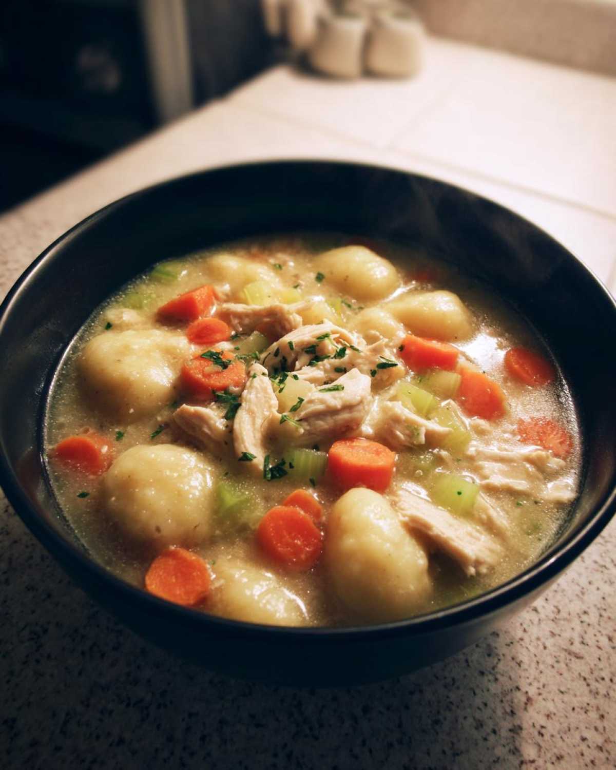 A close-up bowl of creamy Olive Garden Chicken Gnocchi Soup with tender chicken, soft gnocchi, carrots, and celery.