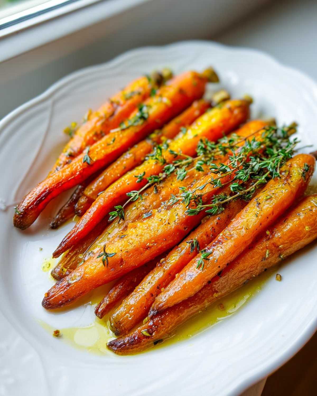 Close-up of delicious oven roasted carrots glazed with honey and fresh thyme, served on a white platter.