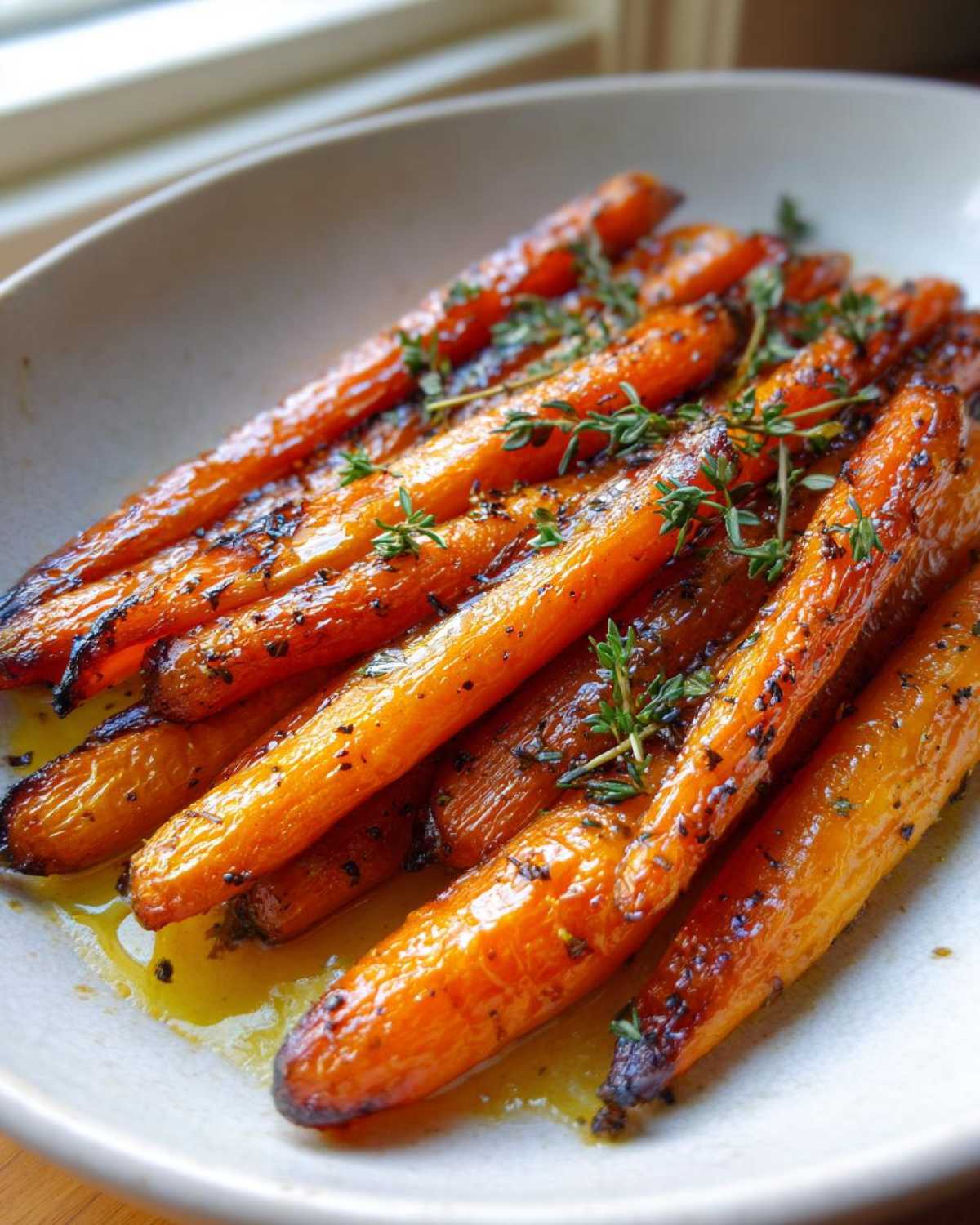 Close-up of tender oven roasted carrots glazed with honey and sprinkled with fresh thyme.