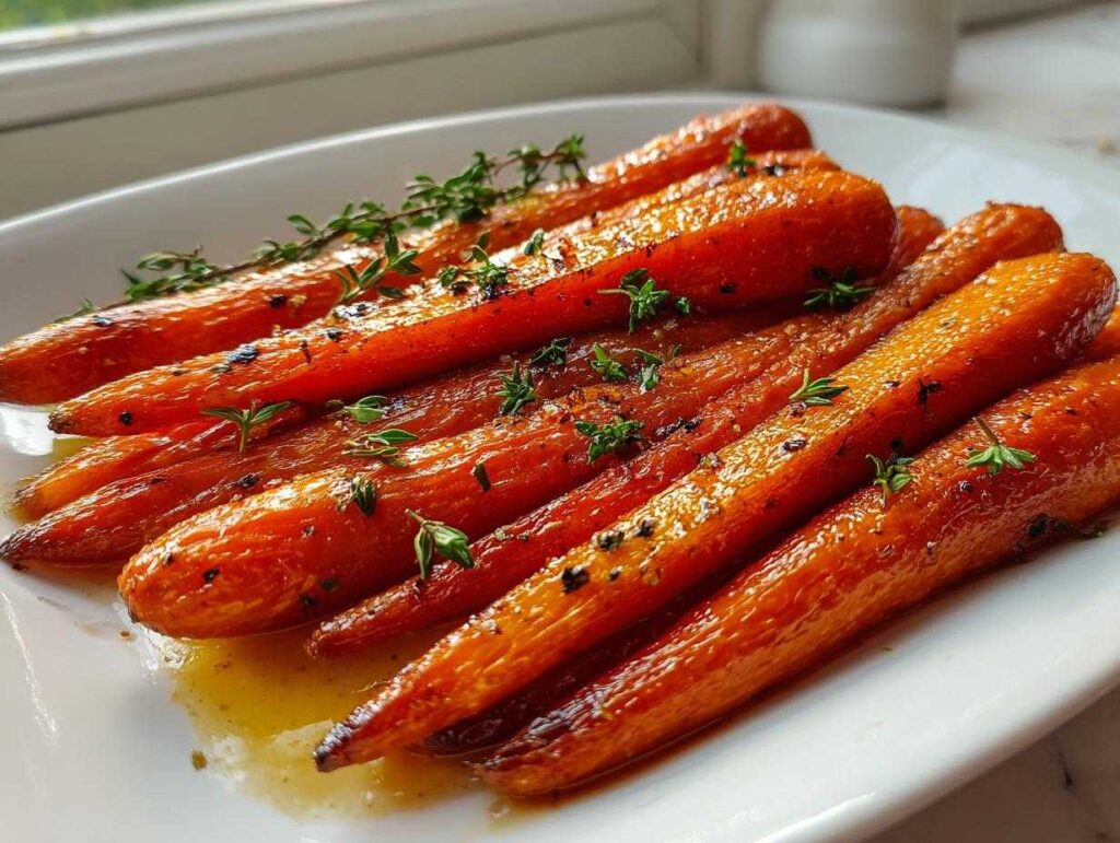 Close-up of honey glazed oven roasted carrots with fresh thyme and pepper on a white plate.