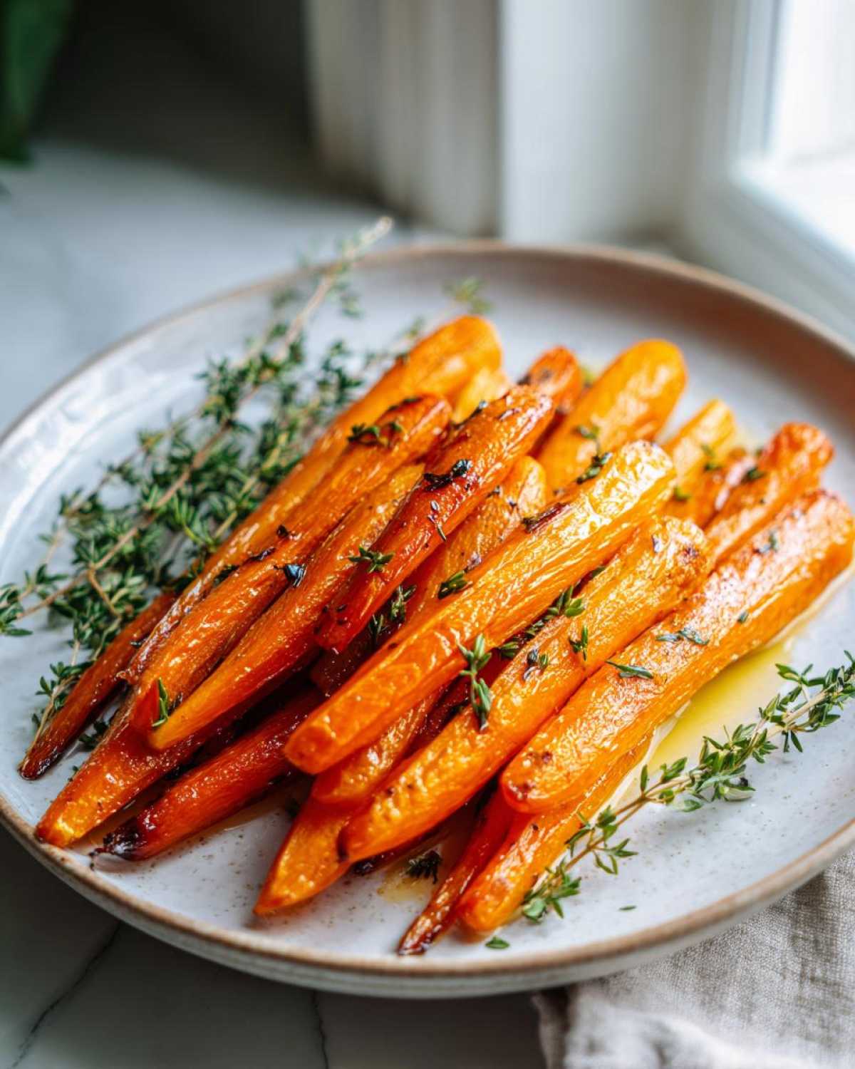 Close-up of honey glazed oven roasted carrots garnished with fresh thyme on a plate.