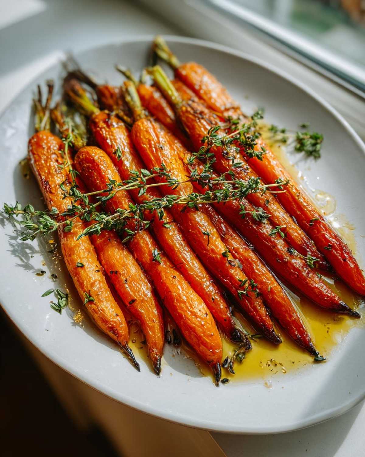 A platter of glistening honey glazed oven roasted carrots, garnished with fresh thyme sprigs.