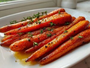 Close-up of honey glazed oven roasted carrots with fresh thyme and pepper on a white plate.