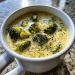 A close-up shot of a white mug filled with creamy Panera Broccoli Cheddar Soup, topped with fresh broccoli florets and cracked black pepper.