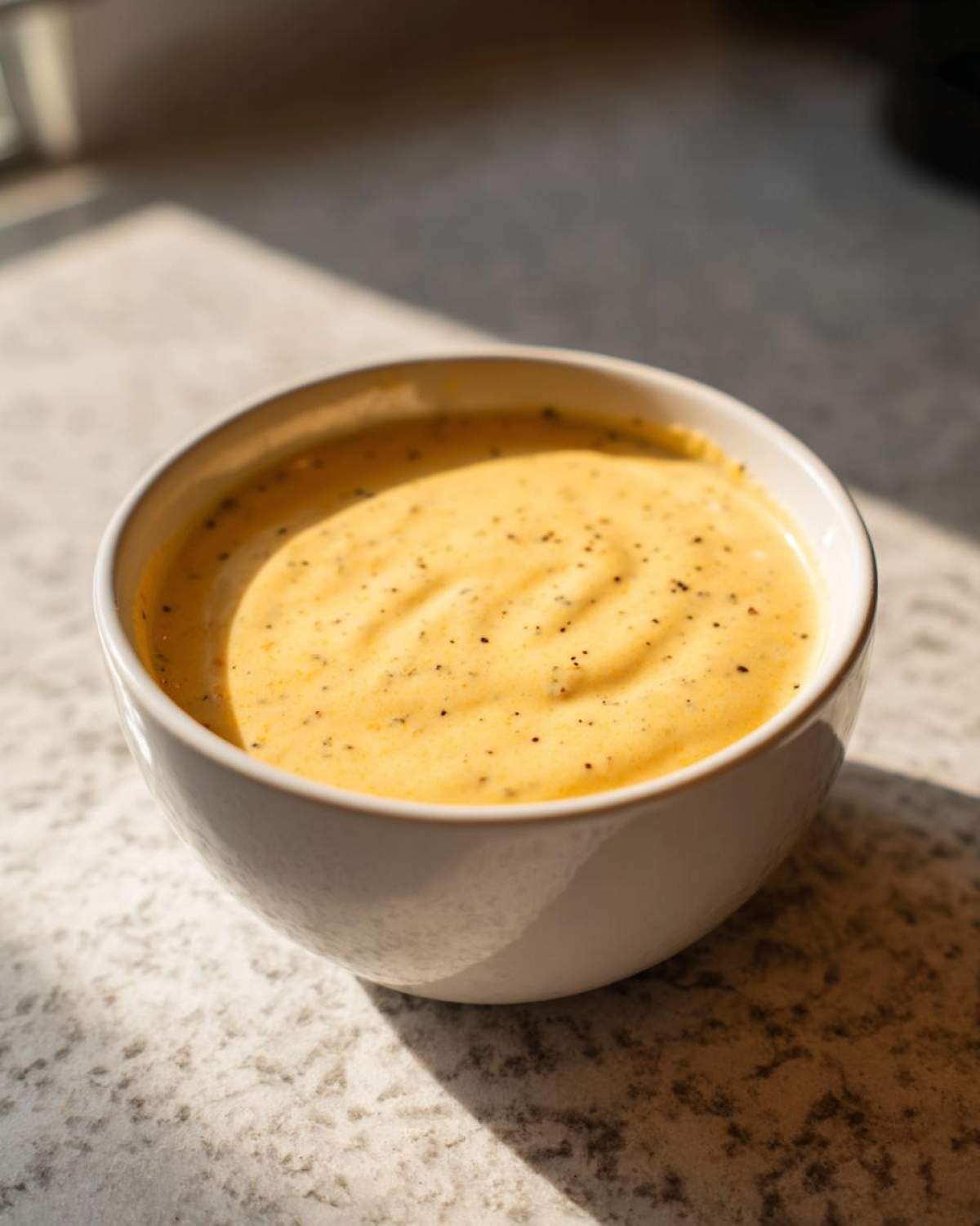 A close-up of a white bowl filled with creamy Panera broccoli cheddar soup, seasoned with black pepper.