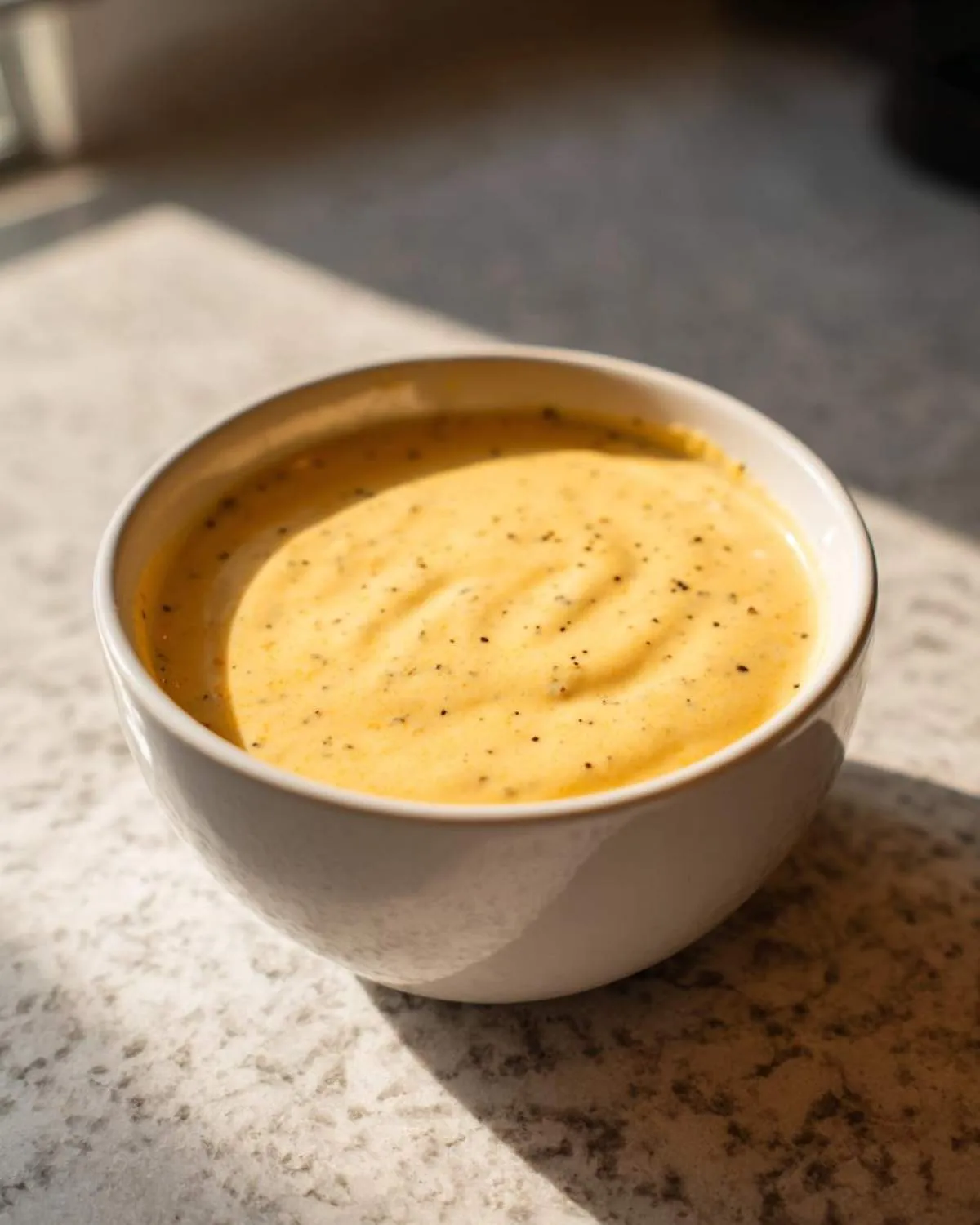 A close-up of a white bowl filled with creamy Panera broccoli cheddar soup, seasoned with black pepper.