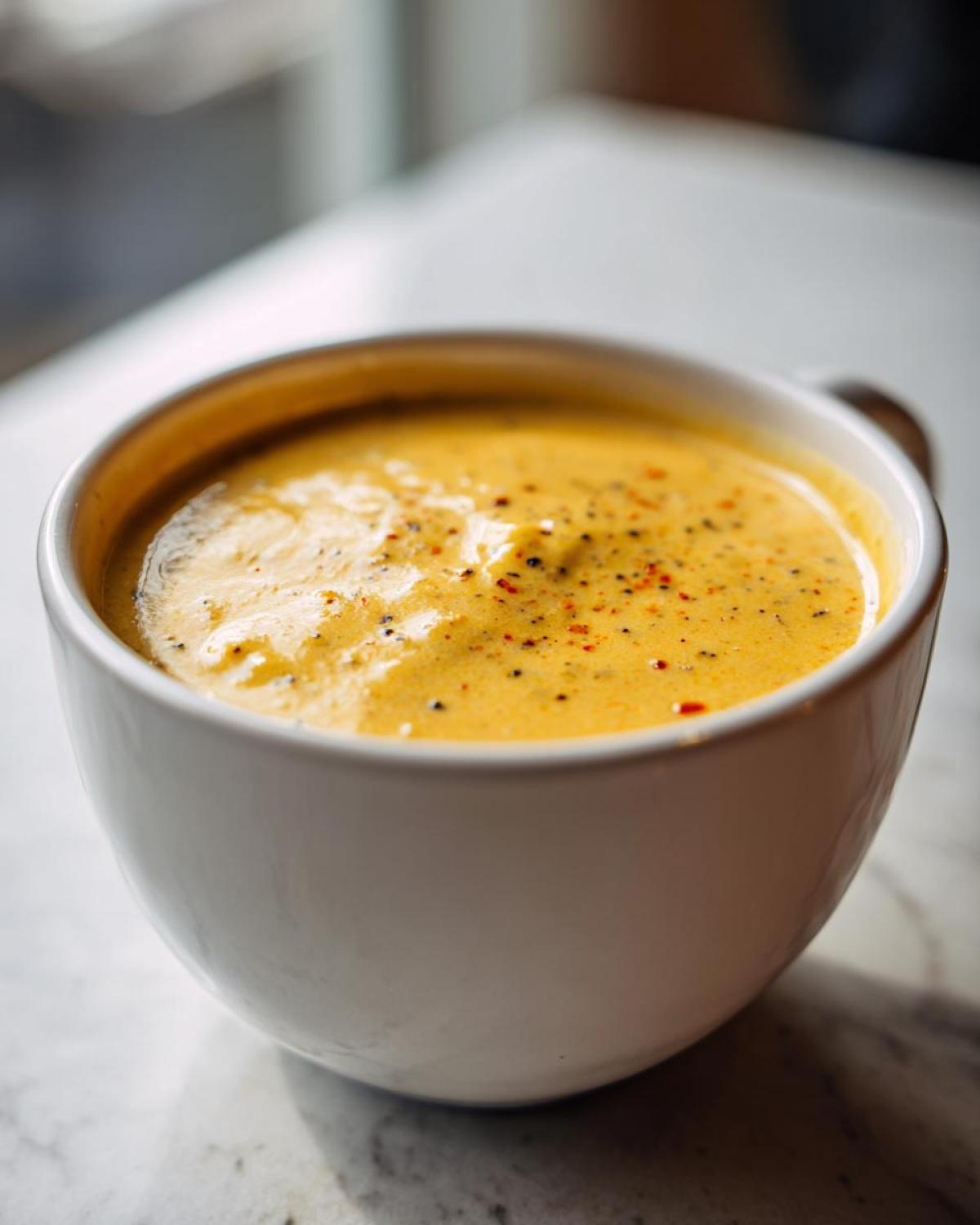 A close-up of a white bowl filled with creamy Panera broccoli cheddar soup, seasoned with pepper.
