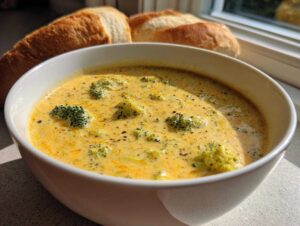 A close-up of a white bowl filled with creamy Panera Broccoli Cheddar Soup, topped with florets and a sprinkle of pepper.