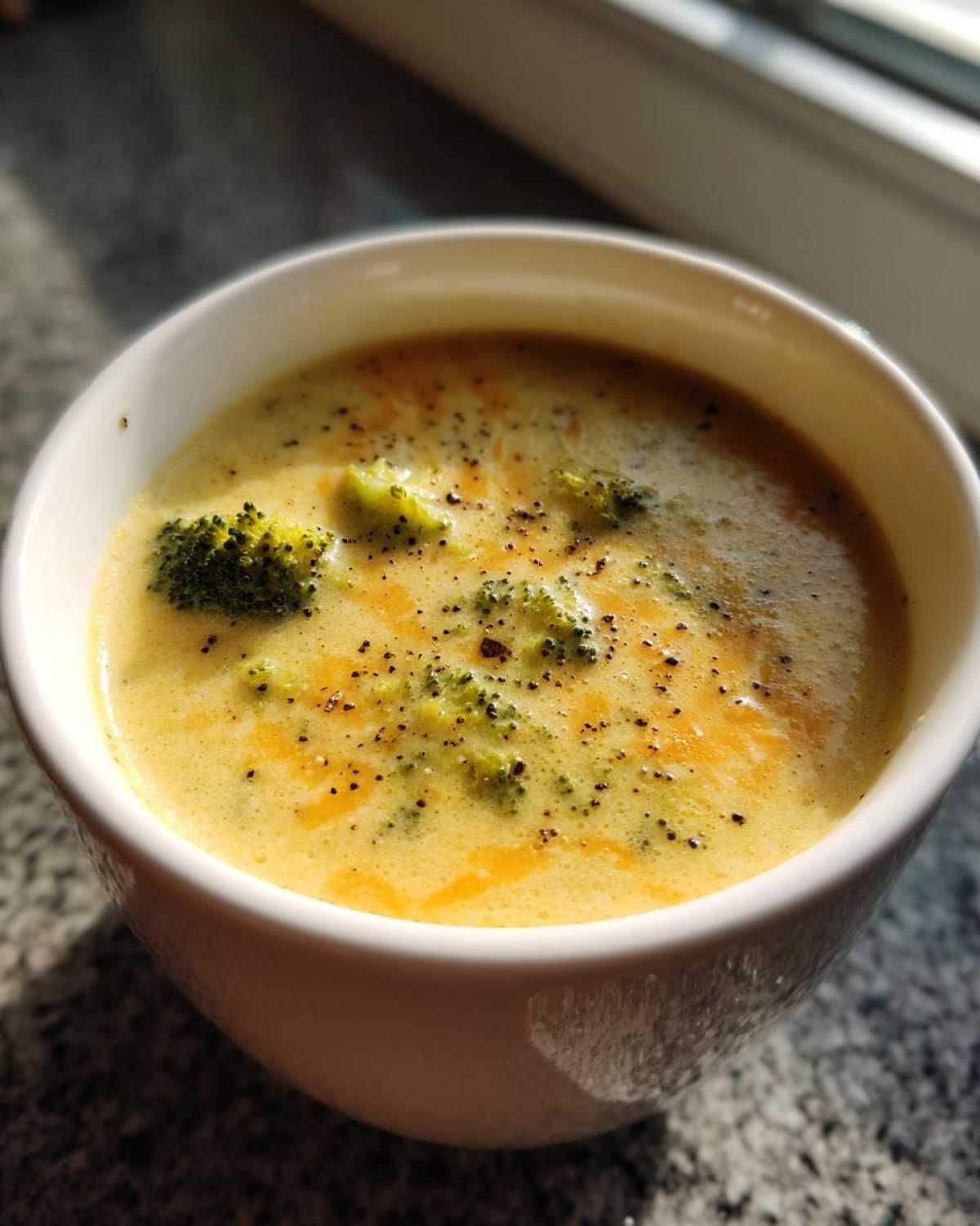 A close-up of a white bowl filled with creamy Panera broccoli cheddar soup, topped with fresh broccoli florets and cracked black pepper.