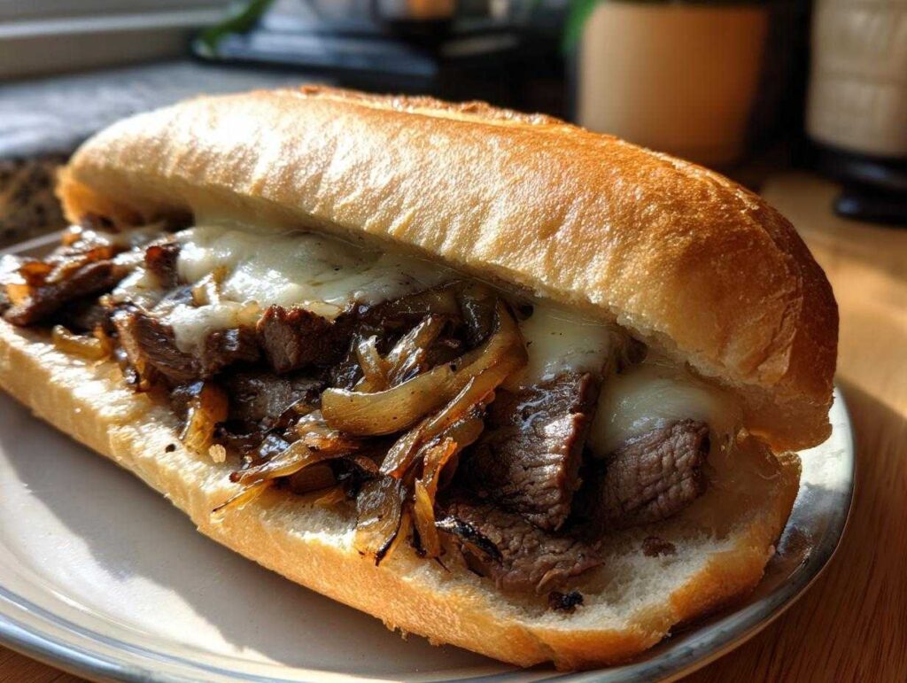A mouthwatering close-up of a Philly Cheesesteak sandwich stuffed with thinly sliced steak, caramelized onions, and melted cheese on a toasted roll.