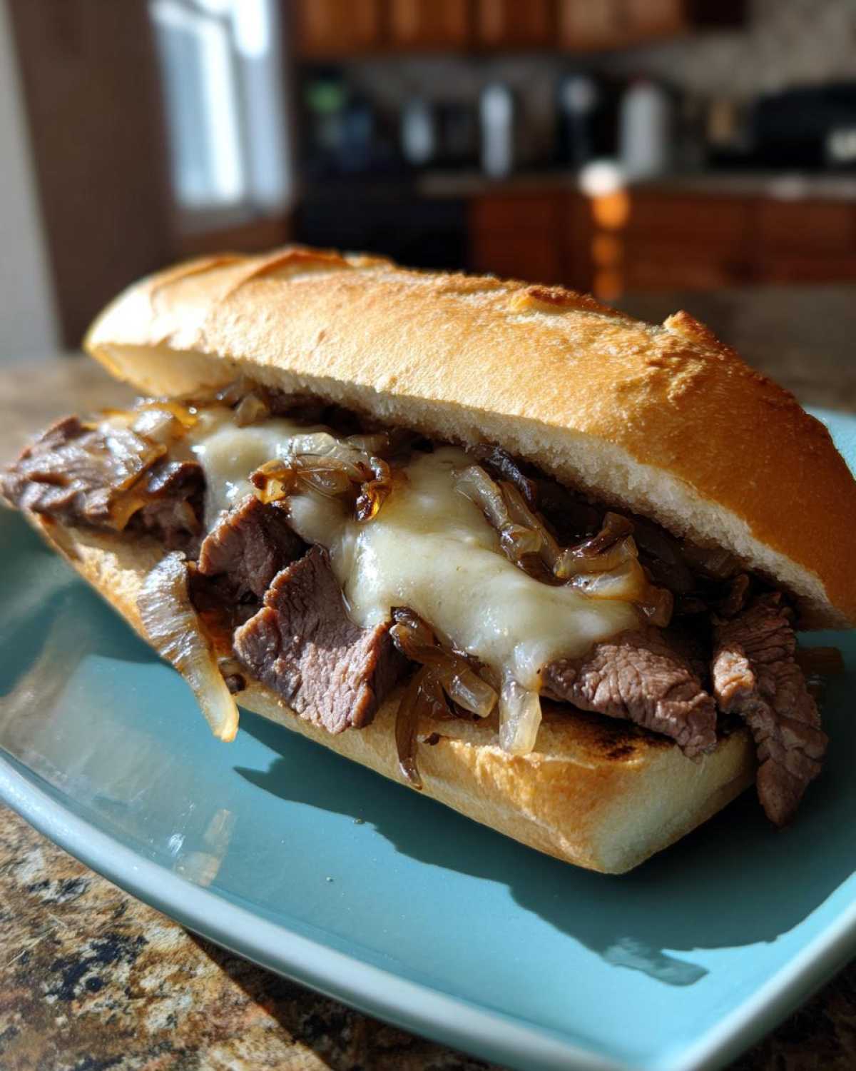 Close-up of a hearty philly cheesesteak sandwich filled with thinly sliced steak, melted cheese, and caramelized onions on a toasted roll.