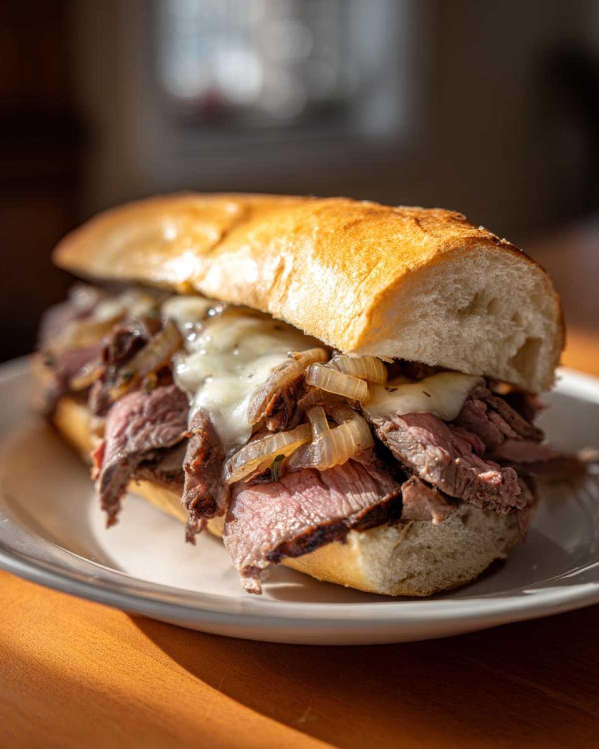 A close-up of a delicious Philly Cheesesteak sandwich overflowing with thinly sliced steak, melted cheese, and caramelized onions on a toasted roll.