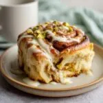A delicious Pistachio cream cinnamon roll drizzled with white icing and topped with chopped pistachios.
