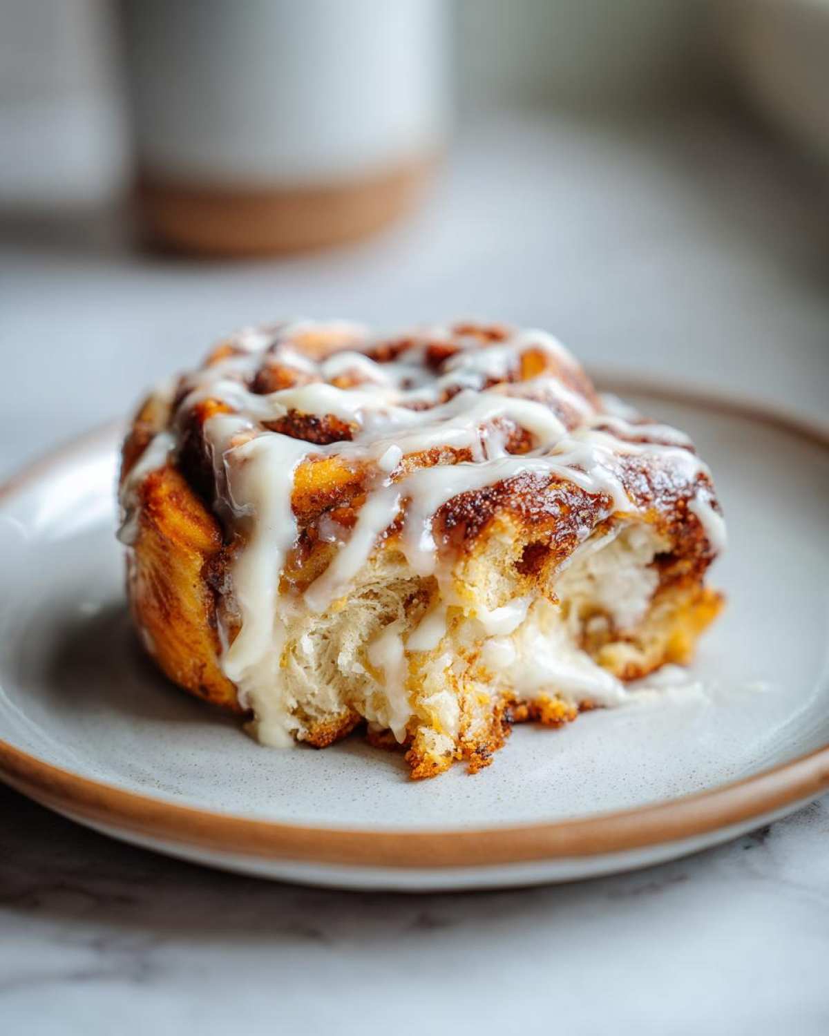 A close-up of a delicious Pistachio Cream Cinnamon Roll, drizzled with white icing and a bite taken out.