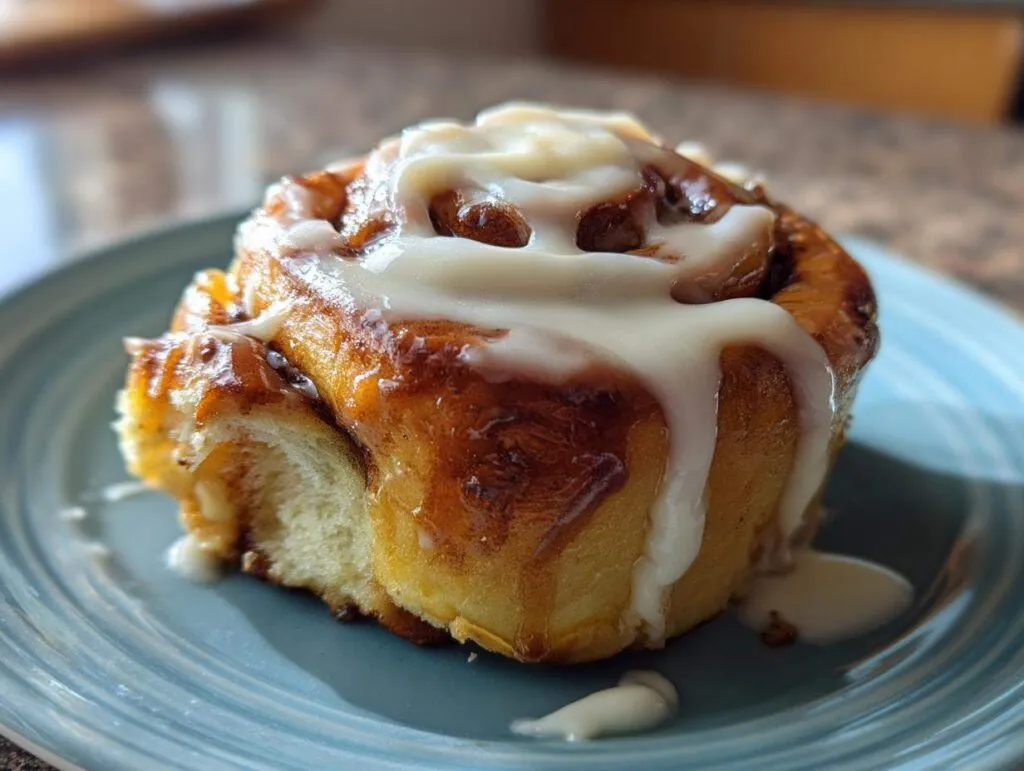A close-up of a delicious Pistachio Cream Cinnamon Roll drizzled with white icing on a blue plate.