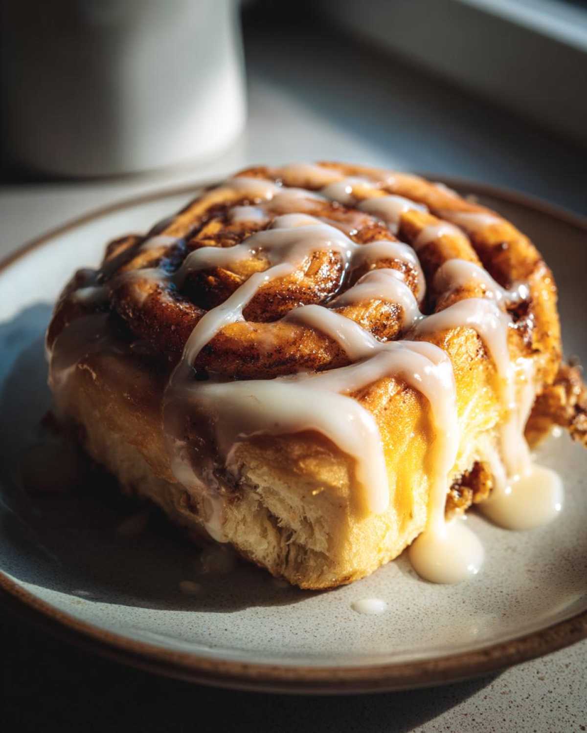A close-up of a delicious Pistachio Cream Cinnamon Roll drizzled with white icing on a plate.