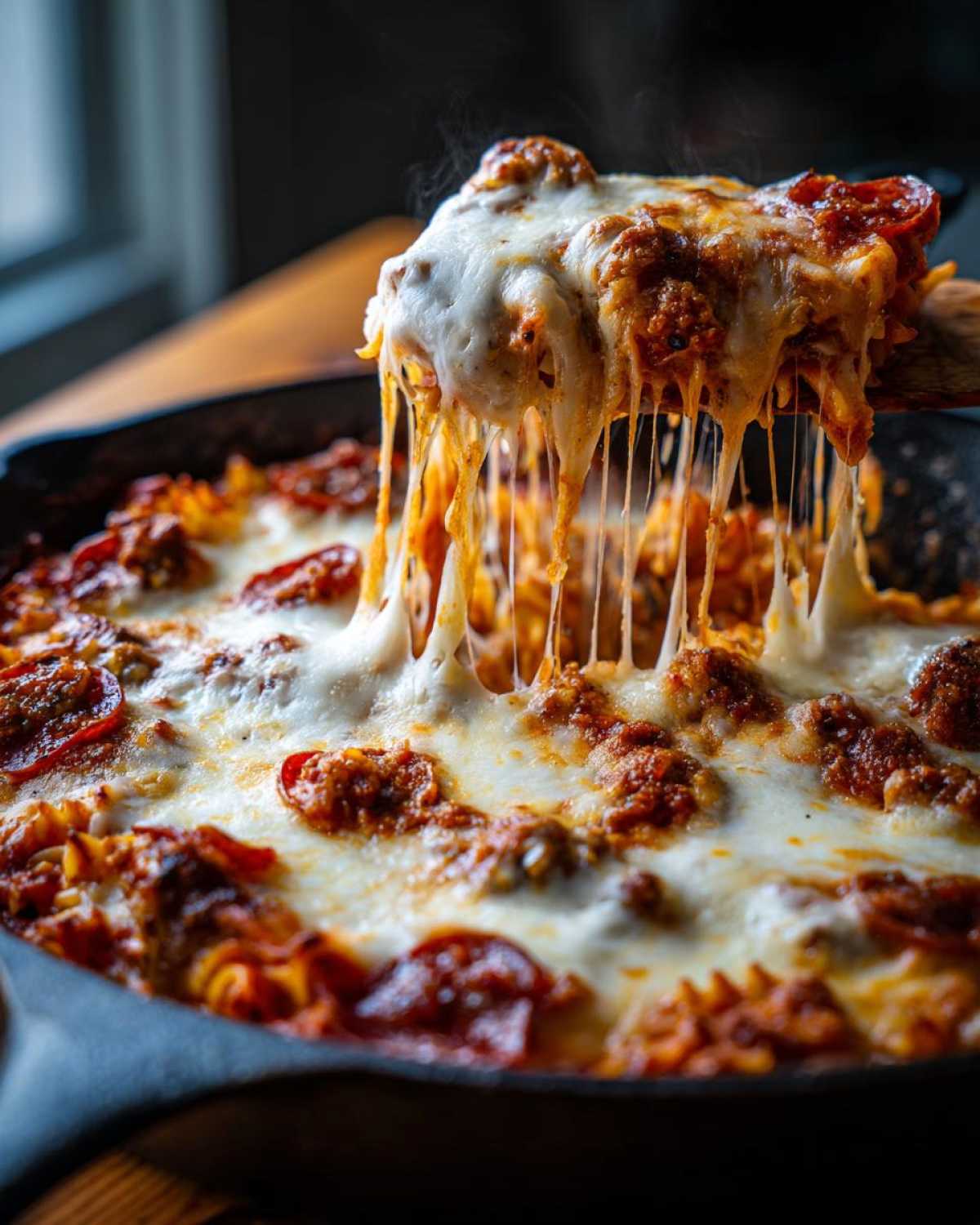A serving spoon lifts a cheesy portion of pizza lasagna skillet bake, with melted cheese stretching.