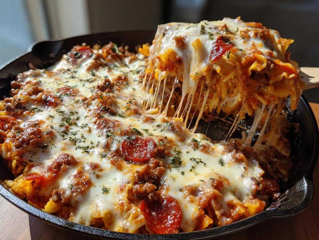 A generous serving of pizza lasagna skillet bake being lifted, with melted cheese stretching.