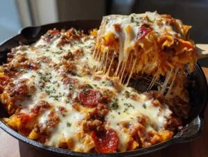 A generous serving of pizza lasagna skillet bake being lifted, with melted cheese stretching.