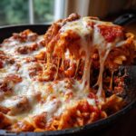 A serving spoon lifts a cheesy portion of pizza lasagna skillet bake, with melted mozzarella strings stretching.
