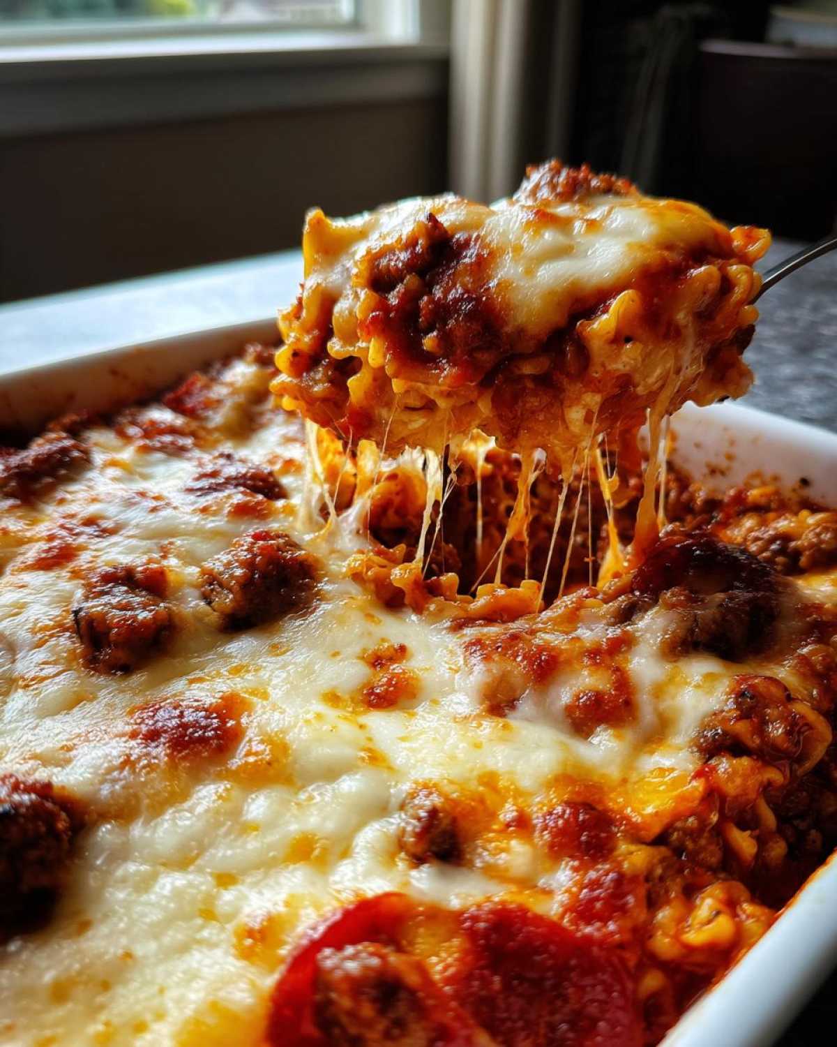 A spoonful of cheesy pizza lasagna skillet bake, with melted mozzarella stretching from the dish.